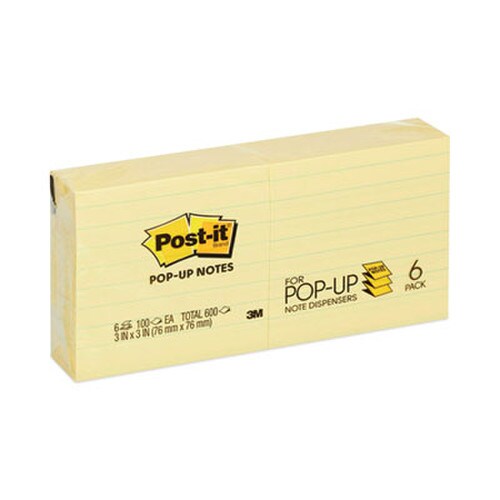 Post-it® Pop-up Notes Original Canary Yellow Pop-up Refill, Note Ruled, 3" x 3", Canary Yellow, 100 Sheets/Pad, 6 Pads/Pack Item: MMMR335YW