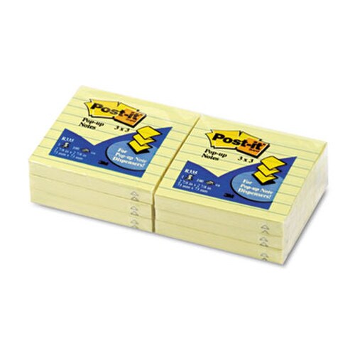 Post-it® Pop-up Notes Original Canary Yellow Pop-up Refill, Note Ruled, 3" x 3", Canary Yellow, 100 Sheets/Pad, 6 Pads/Pack Item: MMMR335YW