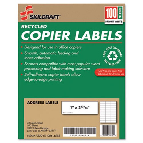 AbilityOne® 7530010864518, SKILCRAFT Recycled Copier Labels, Copiers, 1 x 2.81, White, 33/Sheet, 100 Sheets/Box Item: NSN0864518