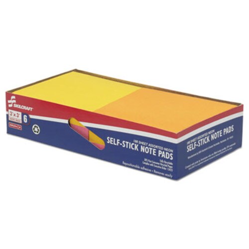 AbilityOne® 7530014181281, SKILCRAFT Self-Stick Note Pads, 3" x 3", Assorted Neon Colors, 100 Sheets/Pad, 6 Pads/Pack Item: NSN4181281