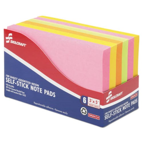 AbilityOne® 7530014181420, SKILCRAFT Self-Stick Note Pads, 3" x 5", Assorted Neon Colors, 100 Sheets/Pad, 6 Pads/Pack Item: NSN4181420