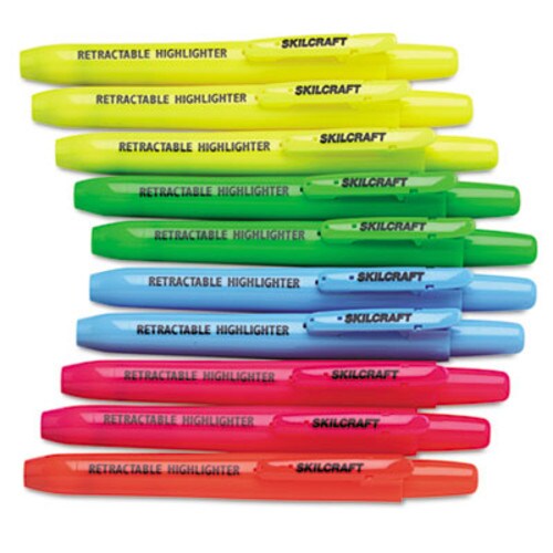 AbilityOne® 7520015548208, SKILCRAFT Retractable Highlighter, Assorted Ink Colors, Chisel Tip, Assorted Barrel Colors, 10/Set Item: NSN5548208