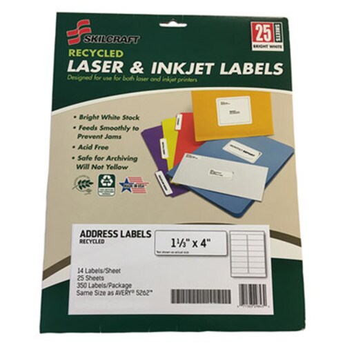 AbilityOne® 7530016736514, SKILCRAFT Recycled Laser and Inkjet Labels, Inkjet/Laser Printers, 1.33 x 4, White, 14/Sheet, 25 Sheets/Pack Item: NSN6736514