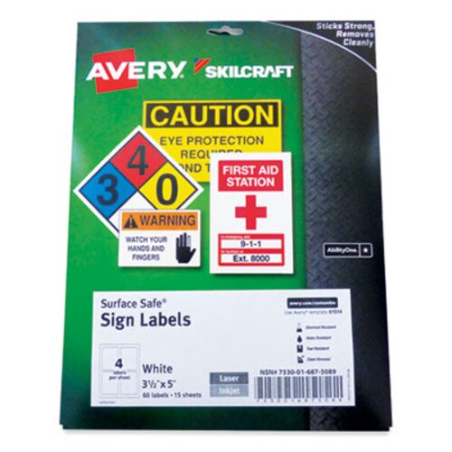 AbilityOne® 7530016875089, SKILCRAFT AVERY Surface Safe Sign Labels, 3.5 x 5, White, 4/Sheet, 15 Sheets/Box, 12 Boxes/Carton Item: NSN6875089