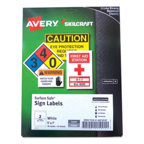 AbilityOne® 7530016878147, SKILCRAFT AVERY Surface Safe Sign Labels, 5 x 7, White, 2/Sheet, 15 Sheets/Box, 12 Boxes/Box Item: NSN6878147