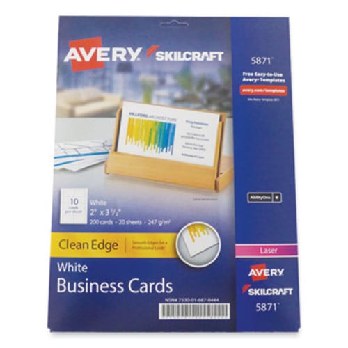 AbilityOne® 7530016878444, SKILCRAFT AVERY Clean Edge Business Cards, Laser, 3.5 x 2, White, 200 Cards, 10 Cards/Sheet, 20 Sheets/Pack Item: NSN6878444