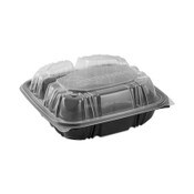 Pactiv Evergreen EarthChoice Vented Dual Color Microwavable Hinged Lid Container, 33oz, 8.5x8.5x3, 3-Compartment, Black/Clear, Plastic, 150/CT Item: PCTDC858330B000