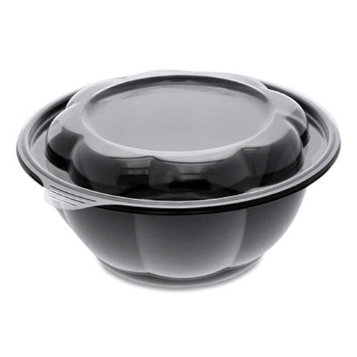 Pactiv Evergreen Roseware Bowl, 80 oz, 9.75" Diameter x 9h", Black Base/Clear Lid, Plastic, 252/Carton Item: PCTLRW80B120