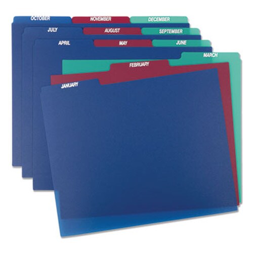 Pendaflex® Poly Top Tab File Guides, 1/3-Cut Top Tab, January to December, 8.5 x 11, Assorted Colors, 12/Set Item: PFX40144