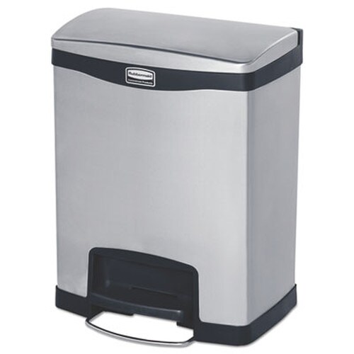Rubbermaid® Commercial Slim Jim Stainless Steel Step-On Container, Front Step Style, 8 gal, Stainless Steel, Black Item: RCP1901985