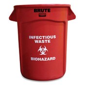 Rubbermaid® Commercial Vented Round Brute Container, "Infectious Waste: Biohazard" Imprint, 32 gal, Plastic, Red Item: RCP263294RED