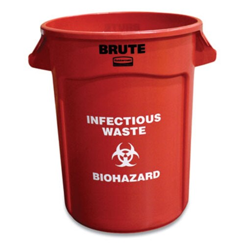 Rubbermaid® Commercial Vented Round Brute Container, "Infectious Waste: Biohazard" Imprint, 32 gal, Plastic, Red Item: RCP263294RED