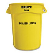 Rubbermaid® Commercial Vented Round Brute Container, "Soiled Linen" Imprint, 32 gal, Plastic, Yellow Item: RCP263294YEL