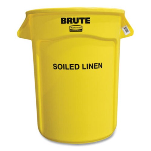 Rubbermaid® Commercial Vented Round Brute Container, "Soiled Linen" Imprint, 32 gal, Plastic, Yellow Item: RCP263294YEL