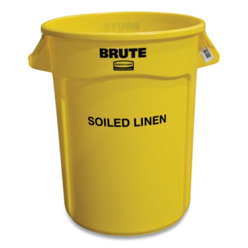 Rubbermaid® Commercial Vented Round Brute Container, "Soiled Linen" Imprint, 32 gal, Plastic, Yellow Item: RCP263294YEL