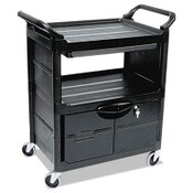 Rubbermaid® Commercial Utility Cart with Locking Doors, Plastic, 3 Shelves, 200 lb Capacity, 33.63" x 18.63" x 37.75", Black Item: RCP345700BLA