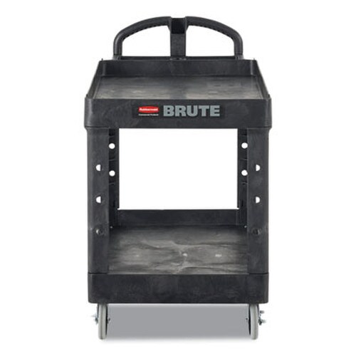 Rubbermaid® Commercial BRUTE Heavy-Duty Utility Cart with Lipped Shelves, Plastic, 2 Shelves, 500 lb Capacity, 17.13" x 38.5" x 38.88", Black Item: RCP450088BK