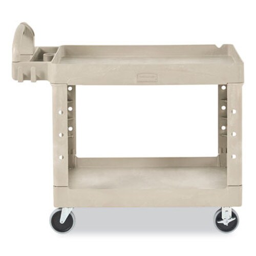 Rubbermaid® Commercial BRUTE Heavy-Duty Utility Cart with Lipped Shelves, Plastic, 2 Shelves, 500 lb Capacity, 25.9" x 45.2" x 32.2", Beige Item: RCP452088BG
