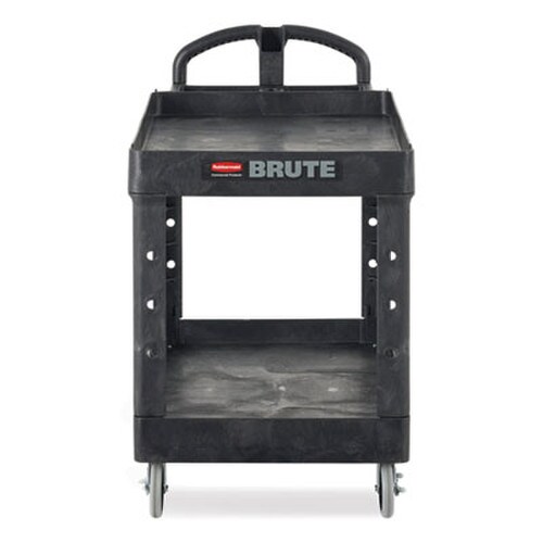 Rubbermaid® Commercial BRUTE Heavy-Duty Utility Cart with Lipped Shelves, Plastic, 2 Shelves, 500 lb Capacity, 25.9" x 45.2" x 32.2", Black Item: RCP452088BK