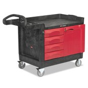 Rubbermaid® Commercial TradeMaster Cart with One Door, Plastic, 3 Shelves, 4 Drawers, 750 lb Capacity, 26.25" x 49" x 38", Black Item: RCP453388BLA