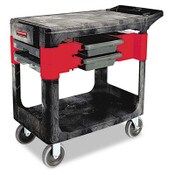 Rubbermaid® Commercial Two-Shelf Trades Cart, Plastic, 2 Shelves, 2 Drawers, 330 lb Capacity, 19.25" x 38" x 33.38", Black Item: RCP618000BLA