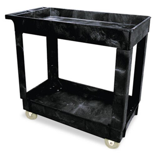 Rubbermaid® Commercial Service/Utility Carts, Plastic, 2 Shelves, 500 lb Capacity, 34.13" x 17.38" x 32.38", Black Item: RCP9T6600BLA