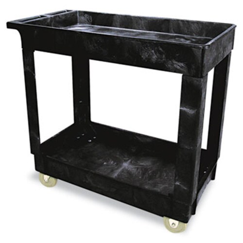 Rubbermaid® Commercial Service/Utility Carts, Plastic, 2 Shelves, 500 lb Capacity, 34.13" x 17.38" x 32.38", Black Item: RCP9T6600BLA