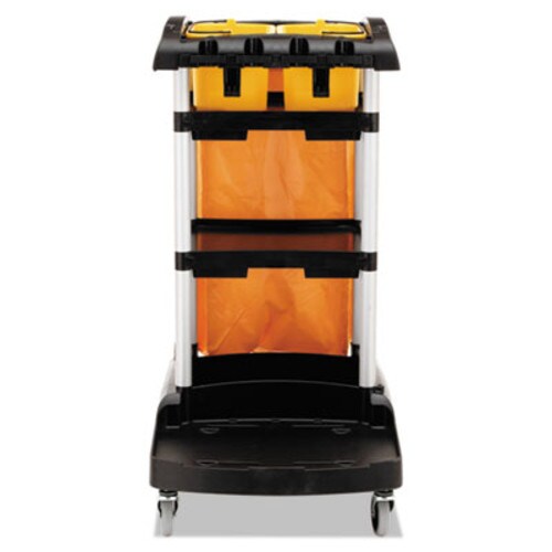 Rubbermaid® Commercial High Capacity Cleaning Cart, Plastic, 4 Shelves, 2 Bins, 21.75" x 49.75" x 38.38", Black Item: RCP9T7200BK