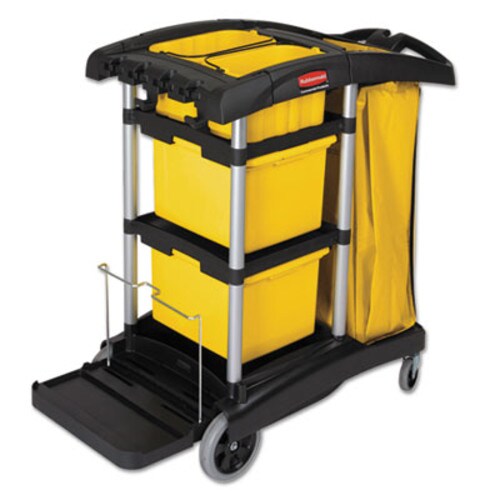Rubbermaid® Commercial HYGEN™ HYGEN Microfiber Healthcare Cleaning Cart, Plastic, 3 Shelves, 5 Bins, 22" x 48.25" x 44", Yellow/Black/Silver Item: RCP9T73