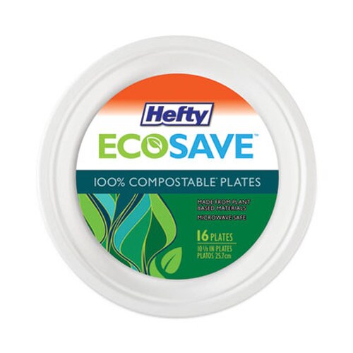 Hefty® ECOSAVE Tableware, Plate, Bagasse, 10.13" dia, White, 16/Pack Item: RFPD71016PK