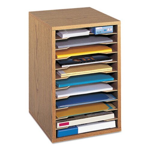 Safco® Wood Vertical Desktop Sorter, 11 Compartments, 10.63 x 11.88 x 16, Medium Oak Item: SAF9419MO
