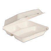 SOLO® Bare Eco-Forward Bagasse Hinged Lid Containers, ProPlanet Seal, 3-Compartment, 9.6 x 9.4 x 3.2, Ivory, Sugarcane, 200/Carton Item: SCCHC9CSC2050