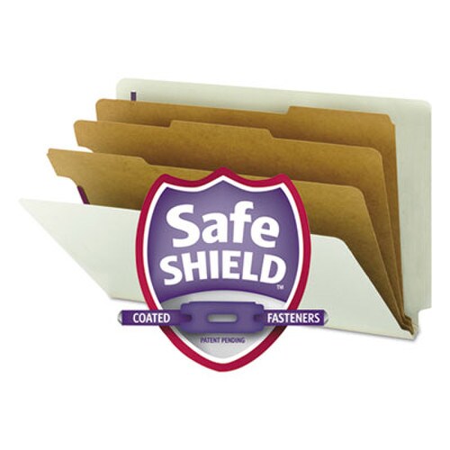 Smead End Tab Pressboard Classification Folders, Eight SafeSHIELD Fasteners, 3" Expansion, 3 Dividers, Legal Size, Gray-Green,10/BX Item: SMD29820
