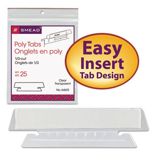 Smead Poly Index Tabs and Inserts For Hanging File Folders, 1/3-Cut, White/Clear, 3.5" Wide, 25/Pack Item: SMD64615