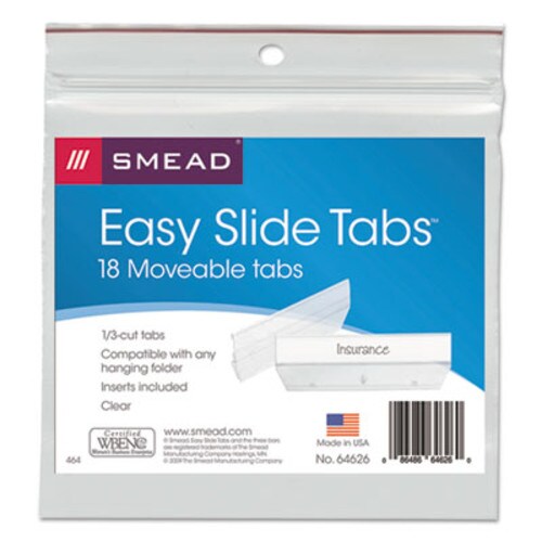 Smead Easy Slide Hanging Folder Tab, 1/3-Cut, White/Clear, 3.5" Wide, 18/Pack Item: SMD64626