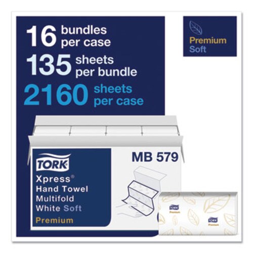 Tork® Premium Soft Xpress 3-Panel Multifold Hand Towels, 2-Ply, 9.13 x 9.5, White with Blue Leaf, 135/Packs, 16 Packs/Carton Item: TRKMB579