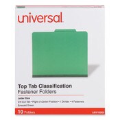 Universal® Bright Colored Pressboard Classification Folders, 2" Expansion, 1 Divider, 4 Fasteners, Letter Size, Emerald Green, 10/Box Item: UNV10202