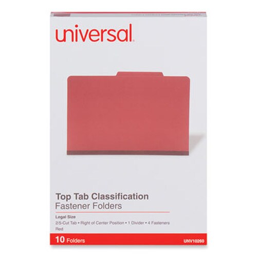 Universal® Four-Section Pressboard Classification Folders, 2" Expansion, 1 Divider, 4 Fasteners, Legal Size, Red Exterior, 10/Box Item: UNV10260