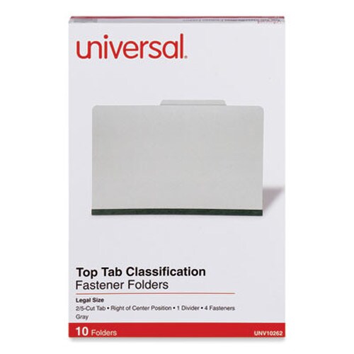 Universal® Four-Section Pressboard Classification Folders, 2" Expansion, 1 Divider, 4 Fasteners, Legal Size, Gray Exterior, 10/Box Item: UNV10262