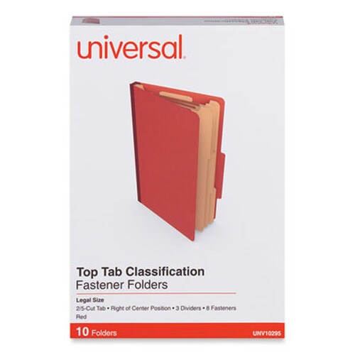 Universal® Eight-Section Pressboard Classification Folders, 3" Expansion, 3 Dividers, 8 Fasteners, Legal Size, Red Exterior, 10/Box Item: UNV10295