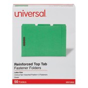 Universal® Deluxe Reinforced Top Tab Fastener Folders, 0.75" Expansion, 2 Fasteners, Letter Size, Green Exterior, 50/Box Item: UNV13522