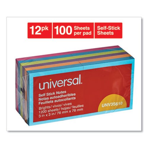 Universal® Self-Stick Note Pads, 3" x 3", Assorted Bright Colors, 100 Sheets/Pad, 12 Pads/Pack Item: UNV35610