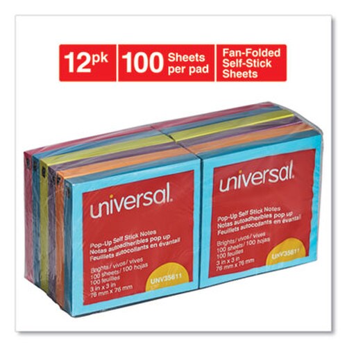 Universal® Fan-Folded Self-Stick Pop-Up Note Pads, 3" x 3", Assorted Bright Colors, 100 Sheets/Pad, 12 Pads/Pack Item: UNV35611