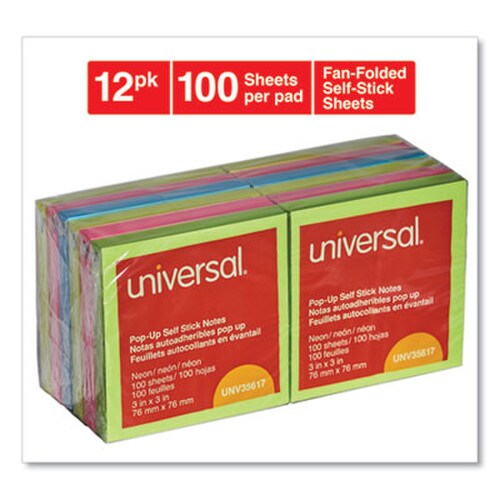 Universal® Fan-Folded Self-Stick Pop-Up Note Pads, 3" x 3", Assorted Neon Colors, 100 Sheets/Pad, 12 Pads/Pack Item: UNV35617