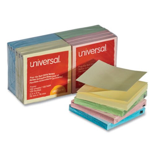 Universal® Fan-Folded Self-Stick Pop-Up Note Pads, 3" x 3", Assorted Pastel Colors, 100 Sheets/Pad, 12 Pads/Pack Item: UNV35619