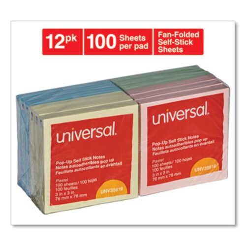 Universal® Fan-Folded Self-Stick Pop-Up Note Pads, 3" x 3", Assorted Pastel Colors, 100 Sheets/Pad, 12 Pads/Pack Item: UNV35619