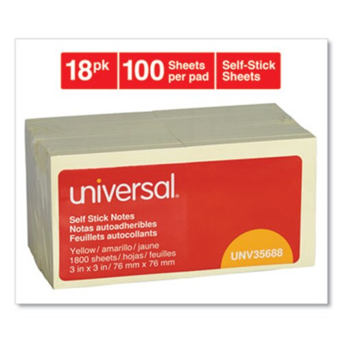 Universal® Self-Stick Note Pad Value Pack, 3" x 3", Yellow, 100 Sheets/Pad, 18 Pads/Pack Item: UNV35688
