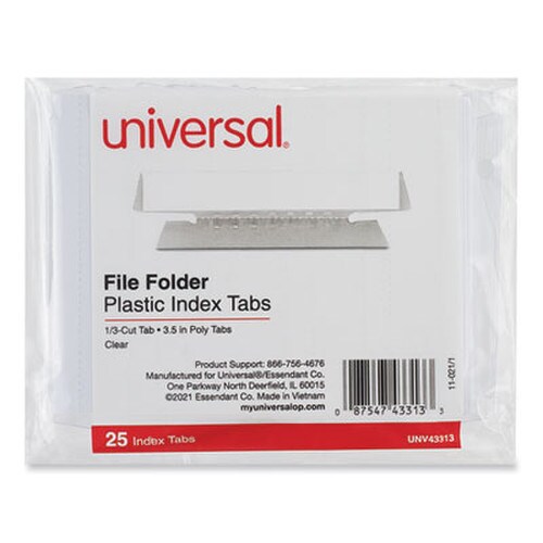 Universal® Hanging File Folder Plastic Index Tabs, 1/3-Cut, Clear, 3.7" Wide, 25/Pack Item: UNV43313