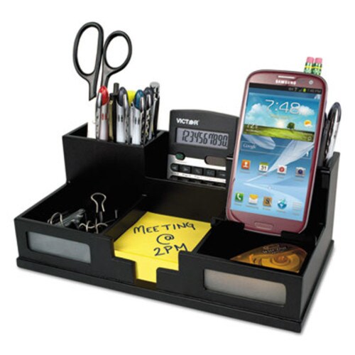 Victor® Midnight Black Desk Organizer with Smartphone Holder, 6 Compartments, Wood, 10.5 x 5.5 x 4 Item: VCT95255