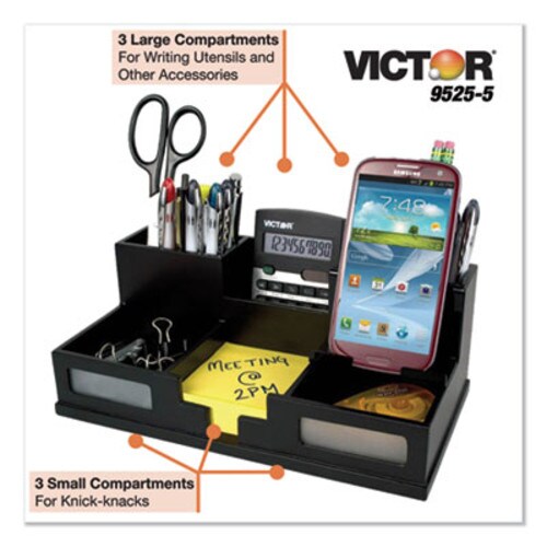 Victor® Midnight Black Desk Organizer with Smartphone Holder, 6 Compartments, Wood, 10.5 x 5.5 x 4 Item: VCT95255